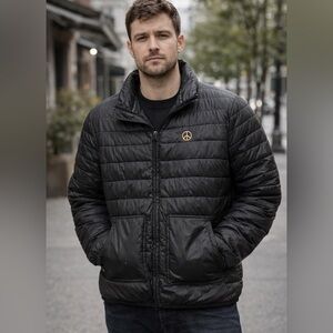 Love Moschino Black Puffer Jacket with Gold Peace Symbol